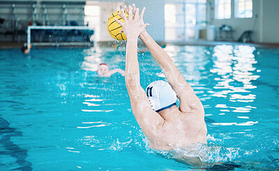 Buy stock photo Sports, training and water polo with man in swimming pool for goal, fitness and games. Championship, workout and performance with person and ball in competition for health, wellness and target