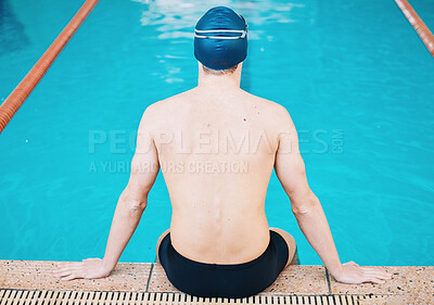 Buy stock photo Swimming, sports and man in pool for training, competition and exercise in water. Professional swimmer, fitness and back of male person practice for challenge, workout and performance for wellness