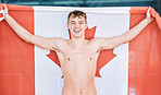 Canadian flag, smile and portrait of man for sport, swimming and Canada fan. Banner, national maple leaf and face of happy athlete with patriotism, pride and represent country, support or motivation