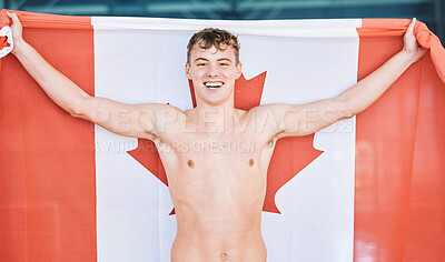 Buy stock photo Canadian flag, smile and portrait of man for sport, swimming and Canada fan. Banner, national maple leaf and face of happy athlete with patriotism, pride and represent country, support or motivation