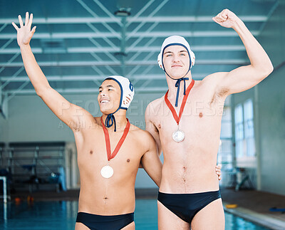 Buy stock photo Winner, gold medal and a water polo team in celebration of success during a sports event in a gym. Fitness, victory and award with happy male athletes cheering together in triumph on a podium