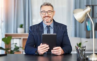 Buy stock photo Professional man, glasses and tablet in portrait at a desk for success at office with financial manager. Leader, nerd and face with technology at table with positive expression for business at work.