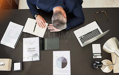 Buy stock photo Business man, top view and sleep on desk, office or report with documents, notebook and laptop. Mature CEO, boss or leader with fatigue, paperwork or computer for audit, accounting and tired by table