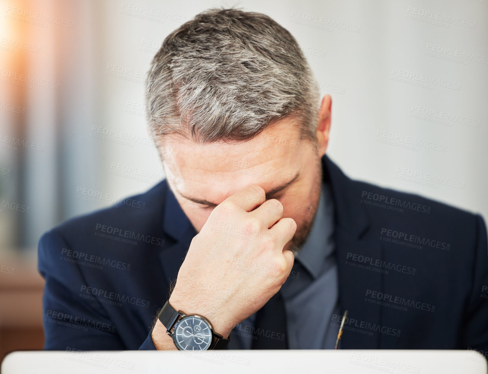 Buy stock photo Business man, stress and headache for burnout, debt and mistake of stock market crash. Face of corporate male worker, manager and anxiety for bankruptcy problem, doubt and fail for frustrated crisis