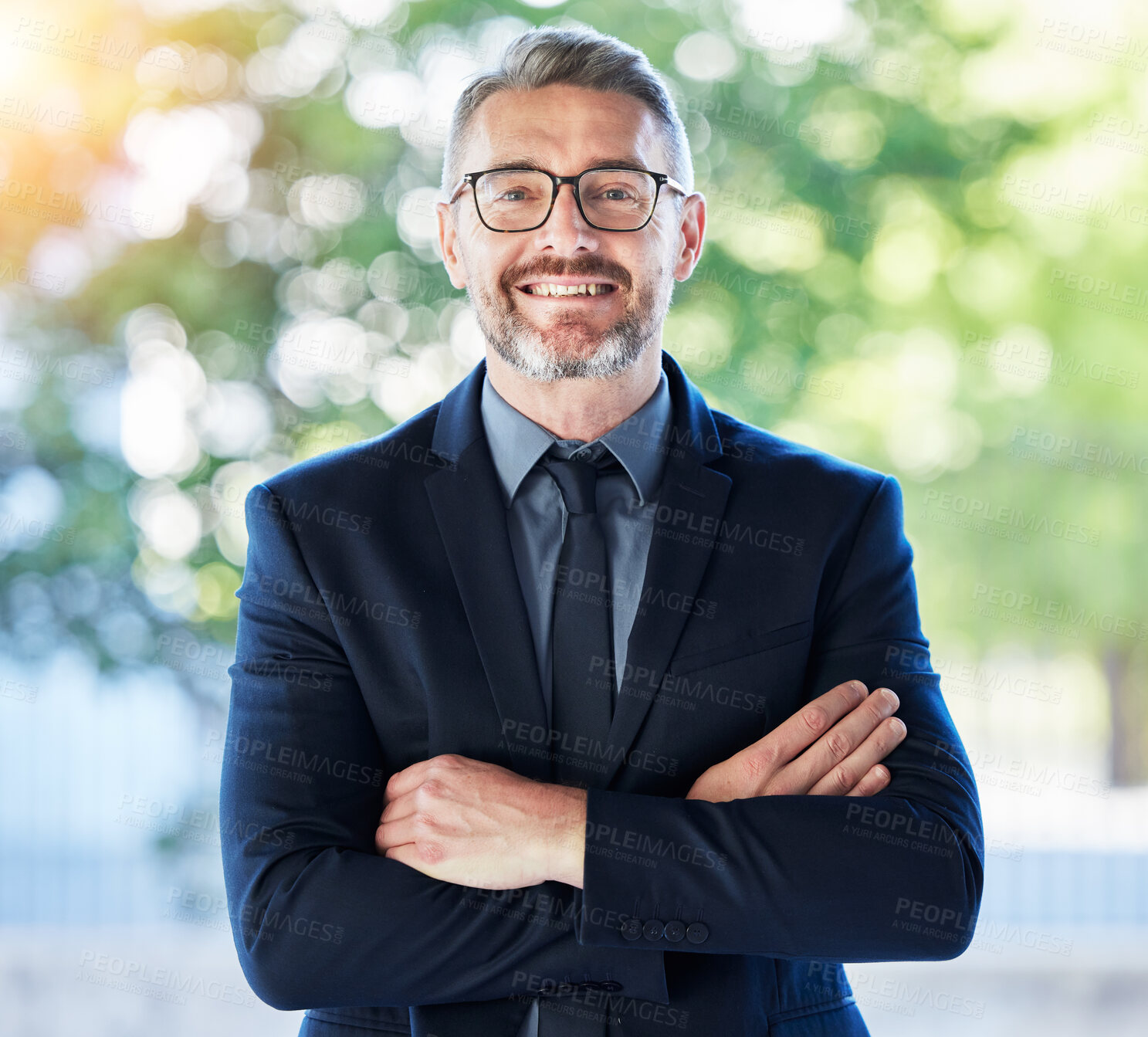 Buy stock photo Face, senior ceo and man with arms crossed outdoor for business, entrepreneurship and professional with smile. Portrait, confident and mature manager, accountant or executive with glasses on bokeh