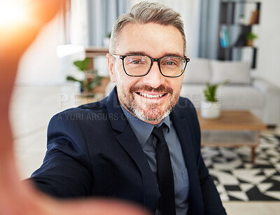 Buy stock photo Selfie, smile and business man in office for profile picture, photo or relax on break. Portrait, happy and guy ceo influencer pose for podcast, blog or social media post at work with content creation