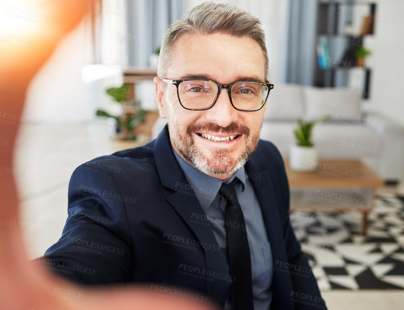 Buy stock photo Selfie, smile and business man in office for profile picture, photo or relax on break. Portrait, happy and guy ceo influencer pose for podcast, blog or social media post at work with content creation