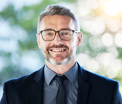 Buy stock photo Face, senior ceo and happy man outdoor for business, entrepreneurship or corporate professional with financial career. Portrait, mature and manager, accountant or executive smile with glasses bokeh