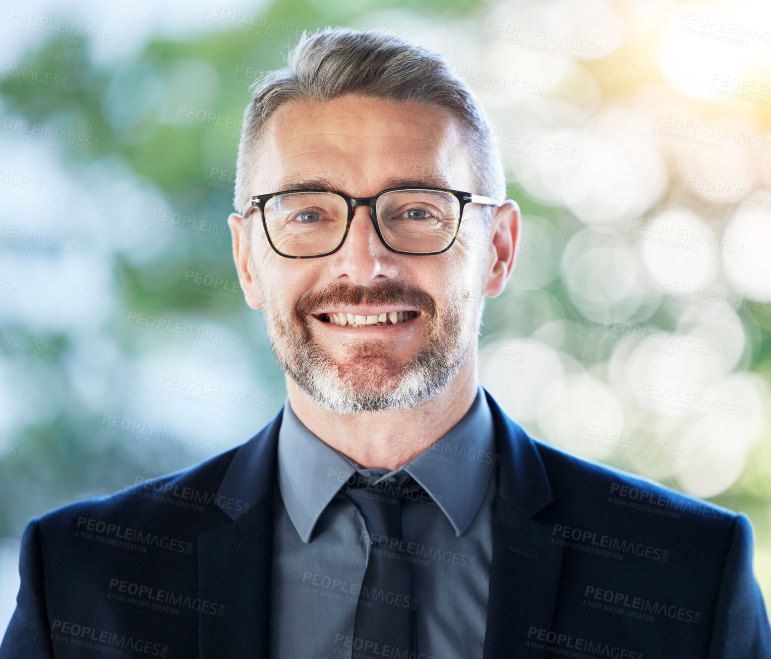 Buy stock photo Face, senior ceo and happy man outdoor for business, entrepreneurship or corporate professional with financial career. Portrait, mature and manager, accountant or executive smile with glasses bokeh