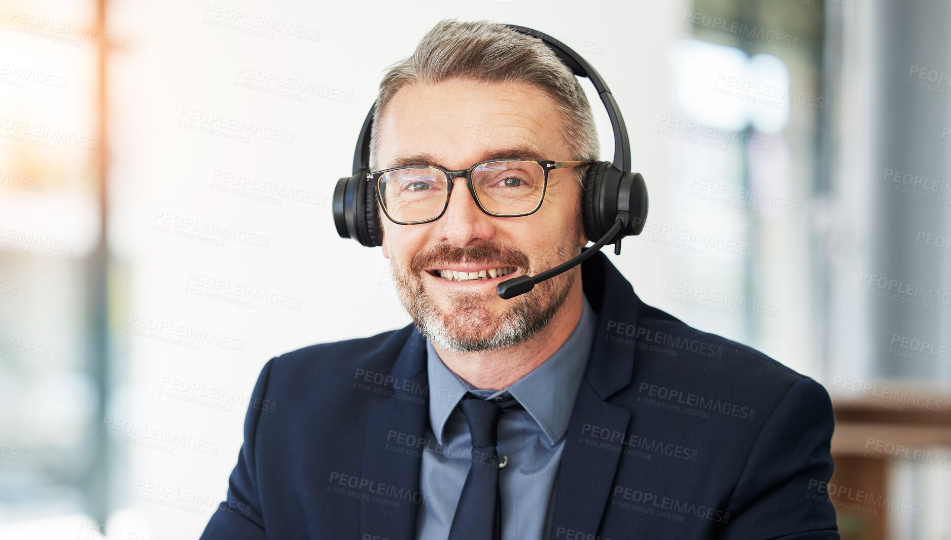 Buy stock photo Call center, portrait and senior man with CRM and contact us, headset for communication and professional headshot. Telecom, customer service and male consultant with help desk employee and mic