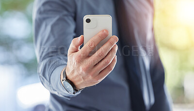 Buy stock photo Business man, hands and search phone with social network, mobile website and internet contact. Closeup, entrepreneur and worker with smartphone, reading corporate news app and typing information