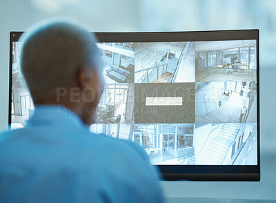 Buy stock photo Security guard, safety and person in control room with computer screen for surveillance. Behind a worker at a cctv monitor for crime investigation, dashboard and camera footage at private property