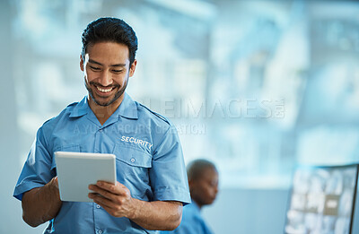 Buy stock photo Happy asian man, security guard and tablet for surveillance, research or browsing at the office. Male person, police or officer smile on technology for social media, networking or communication