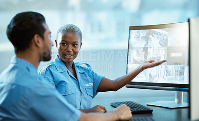 Buy stock photo People, security and computer screen for surveillance, protection and safety of police officer in teamwork. Man and woman guard working together on PC for emergency footage or crime at the office