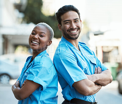 Buy stock photo People, portrait and security guard smile with arms crossed in city for career safety or outdoor protection. Happy man and woman police officer in confidence, law enforcement or patrol in urban town