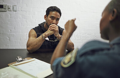 Buy stock photo Man, criminal and handcuffs with police for interrogation, crime or money laundering in arrest. Woman officer pointing to male person, gangster or suspect in jail and justice for fraud, theft or scam