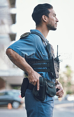 Buy stock photo Security, police and man with gun in city for working, inspection and supervision on patrol shift. Surveillance, law enforcement and male person in urban town for safety, crime and protection service