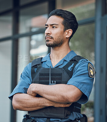 Buy stock photo Security, police and man with crossed arms in city for working, inspection and supervision on patrol. Uniform, law enforcement and male person in urban town for safety, crime and protection service