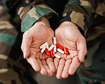 Soldier, hands and drugs from psychologist in therapy or person healing mental health with medication, medicine or pills. Stress, anxiety and veteran in therapy with trauma, problem or depression
