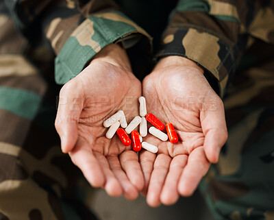 Buy stock photo Soldier, hands and drugs from psychologist in therapy or person healing mental health with medication, medicine or pills. Stress, anxiety and veteran in therapy with trauma, problem or depression