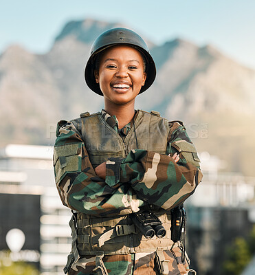 Buy stock photo Military, portrait and happy black woman with arms crossed in city for power, confident or smile outdoor. War, security and face of lady warrior proud, hero and ready for army, protection or training
