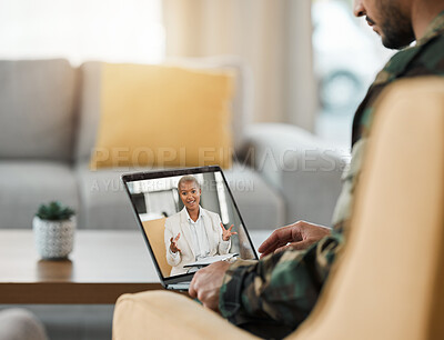 Buy stock photo Video call, therapist and mental health support for military, veteran or soldier in therapy, consultation and talking about trauma or war conflict. Computer, screen or meeting with psychologist