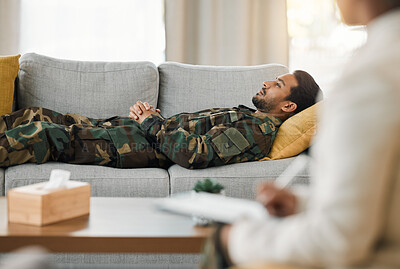 Buy stock photo Veteran, therapy and talk to psychologist on couch and mental health support for military, consultation or listen to trauma or war story. Sad, memory or speaking with therapist for healing or help