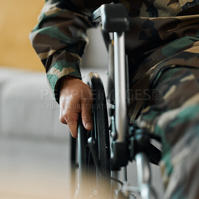 Buy stock photo Man, hands and wheelchair in army from accident, war injury or healthcare support at hospital. Closeup of soldier or person with a disability holding wheel in commitment for recovery or physiotherapy