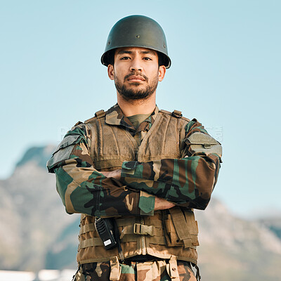 Buy stock photo Portrait, soldier and asian man with arms crossed in city for power, confidence and mindset outdoor. War, military and face of Japanese guy warrior proud, hero or ready for army, security or training