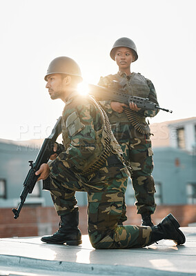 Buy stock photo Army, training and people with gun, defense or power on rooftop for aim, shooting or practice. Military, weapon and black woman with man soldier and sniper rifle for war, target or protection team