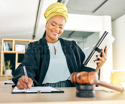 Buy stock photo Lawyer, hammer and woman on tablet writing legal notes, checklist and compliance documents, justice or contract. Attorney, notary and person on digital tech, constitution and rules or judge research