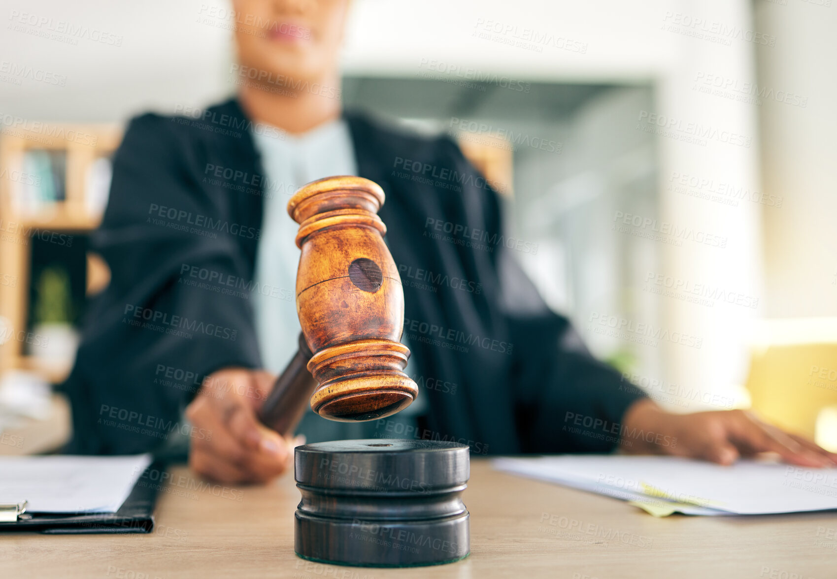 Buy stock photo Law, gavel and black woman judge order the court for an investigation of criminal case in a legal firm. Stop, administration and lawyer working on justice or planning policy in an attorney office