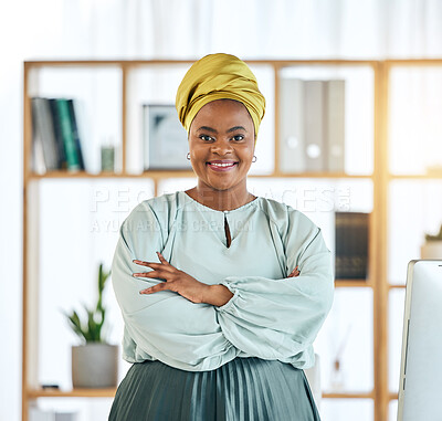 Buy stock photo Black woman, business and arms crossed, smile in portrait and professional mindset with attorney at law firm. Female lawyer, career and legal employee with pride, expert and confidence in workplace