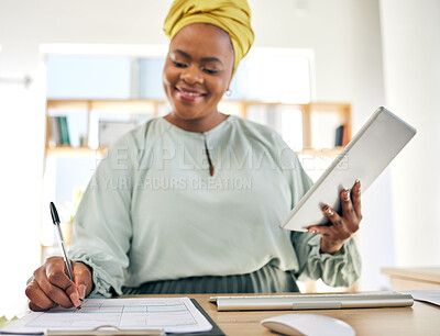 Buy stock photo Tablet, checklist and business woman for writing information, administration or online management in office. Professional, african person with documents, paperwork or digital tech of project schedule