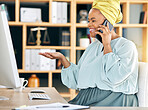 Phone call, computer and business woman in office communication, HR networking and advice, information or help. Human resources worker or african person with questions, FAQ and mobile chat on desktop