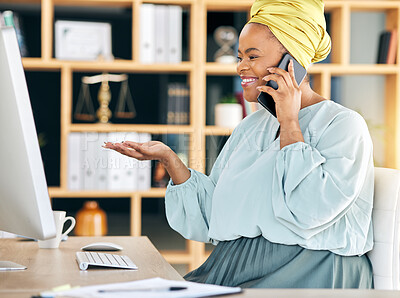 Buy stock photo Phone call, computer and business woman in office communication, HR networking and advice, information or help. Human resources worker or african person with questions, FAQ and mobile chat on desktop