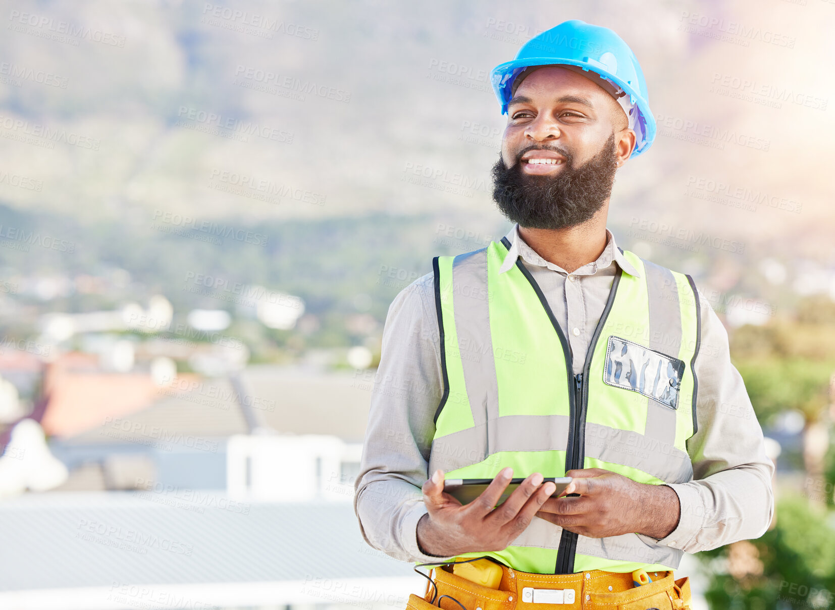 Buy stock photo Happy black man, architect and tablet in city for construction, vision or rooftop installation. African male person, engineer or contractor smile on technology in architecture or project plan on site