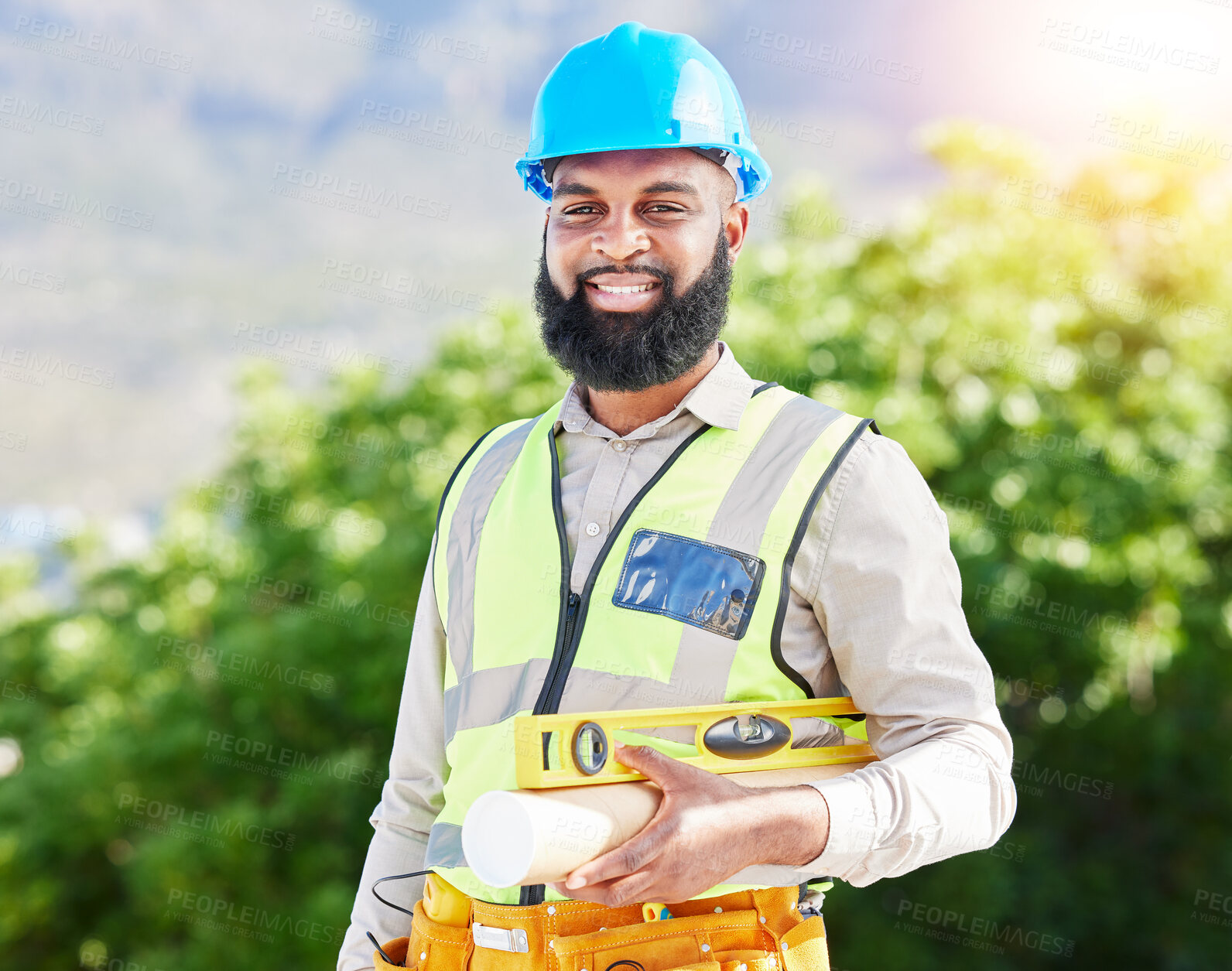 Buy stock photo Construction worker, man portrait and architect inspection with industrial employee with tools. African male person, professional and builder with success and safety job for engineer project outdoor