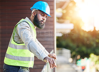 Buy stock photo Construction worker, man thinking and building inspection with industrial employee on a balcony. African male person, professional and builder with vision and safety for engineer project outdoor