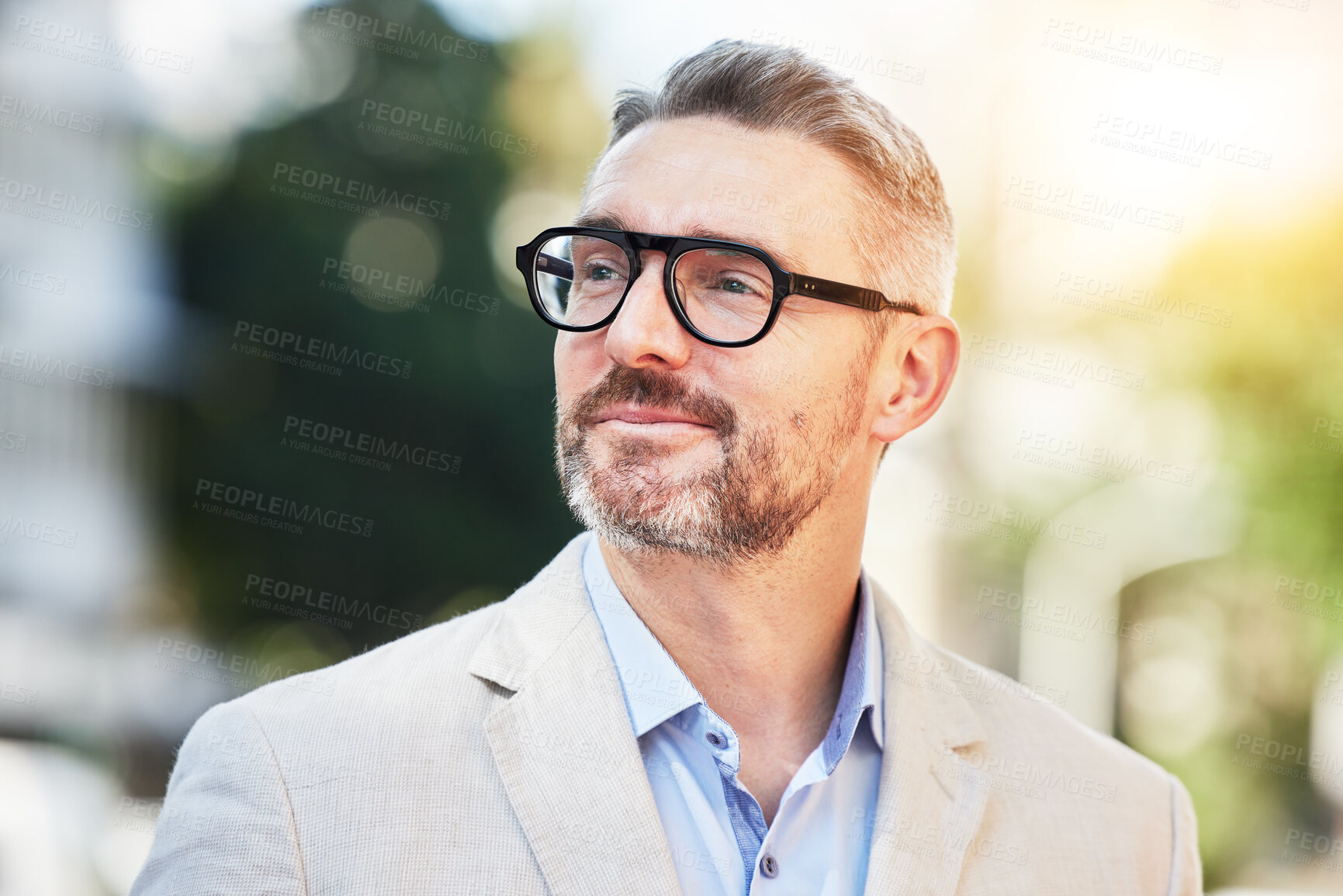 Buy stock photo City, business and man with ideas, thinking and opportunity with problem solving, solution and mindset. Outdoor, person or professional with wonder, goals and dream with vision, growth and motivation