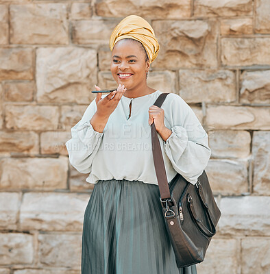 Buy stock photo Cellphone, voice recognition and black woman in the city walking in an urban street with a briefcase. Technology, memo and African female designer recording audio note or message on a phone in a town