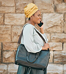 Phone call, walking in city and business black woman for contact, network and connection in town. Travel, corporate and African female person on smartphone for talking, conversation and communication