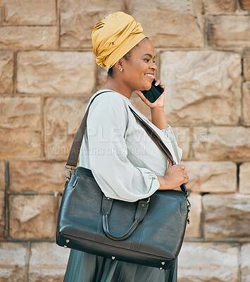 Buy stock photo Phone call, walking in city and business black woman for contact, network and connection in town. Travel, corporate and African female person on smartphone for talking, conversation and communication