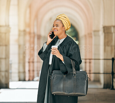 Buy stock photo Black woman with coffee, phone call and attorney outside court with smile, consulting on legal advice and walking to work. Cellphone, law firm judge or lawyer networking, talking and chat in city.