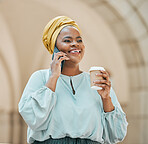 Phone call, city and business black woman with coffee for contact, network and connection in town. Travel, corporate worker and female person on smartphone for talking, conversation and communication