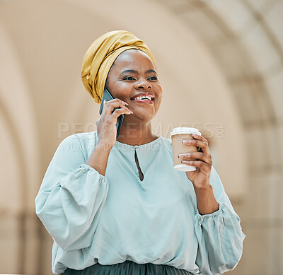 Buy stock photo Phone call, city and business black woman with coffee for contact, network and connection in town. Travel, corporate worker and female person on smartphone for talking, conversation and communication