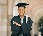 College, achievement and portrait of woman at graduation with degree, diploma or certificate scroll. Success, education and young African female university graduate with crossed arms for confidence.