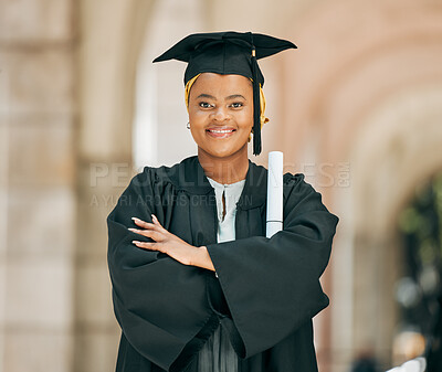 Buy stock photo College, achievement and portrait of woman at graduation with degree, diploma or certificate scroll. Success, education and young African female university graduate with crossed arms for confidence.