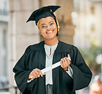Success, university and portrait of woman at graduation with degree, diploma or certificate scroll. Achievement, education and young African female college graduate with crossed arms for confidence.