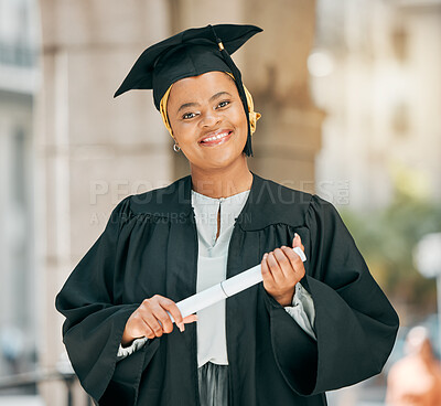 Buy stock photo Success, university and portrait of woman at graduation with degree, diploma or certificate scroll. Achievement, education and young African female college graduate with crossed arms for confidence.